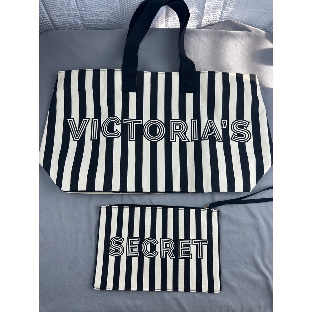 Victoria's Secret Logo Canvas Tote Bag & Wristlet - Black & White Stripes